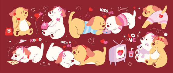 Valentine's Day cute dog couple vector illustration with hearts letters chocolates and love elements. Romantic hand drawn animal design for greeting cards invitations stickers packaging and pattern.