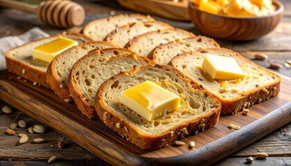 Multigrain bread slices with butter and honey on rustic board