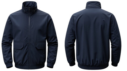 Navy blue bomber jacket front and back view isolated on transparent background