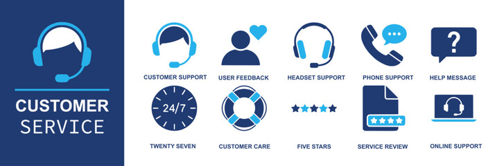 Customer service icon set. Containing customer support, user feedback, headset support, phone support, help message, twenty seven, customer care, five stars, service review, online support and more. S