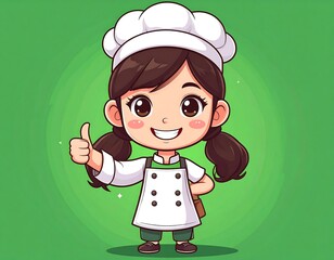 Animated depiction of a child chef in uniform giving a thumbs-up gesture, smiling confidently, on a green backdrop