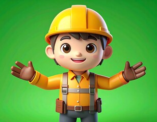 Animated depiction of a child construction worker with outstretched arms, helmet, and safety gear against green background