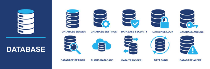 Database icon set. Containing database server, database settings, database security, database lock, database access, database search, cloud database, data transfer, data sync, database alert and more.