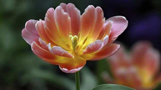 A stunning close-up reveals the exquisite detail of a vibrant, multi-colored flower in full bloom. Delicate petals transition gracefully from soft pinks and whites to warm oranges and rich yellows, sh
