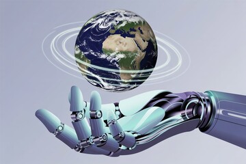 Futuristic robotic hand holding the planet earth
