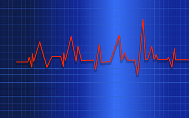 Red heartbeat line graph on blue grid background representing medical ecg or vital signs monitoring