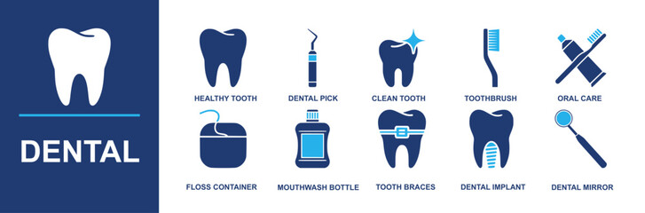 Dental icon set. Containing healthy tooth, dental pick, clean tooth, toothbrush, oral care, floss container, mouthwash bottle, tooth braces, dental implant, dental mirror and more. Solid vector icons