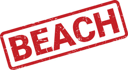 Red Beach Word Stamp Isolated on White Background, Suggesting Vacation Concept or Summer Season