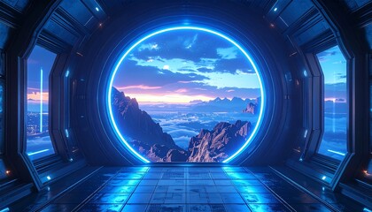 Portal to mountain range scene with blue neon ring and frame. Glowing horizon and cloudscape visible