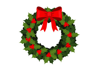 Vibrant Christmas wreath with red bow and holly berries decoration