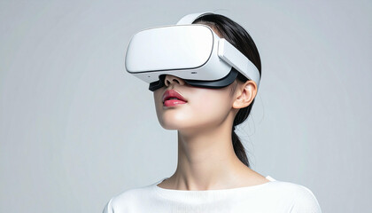 Young woman experiencing virtual reality with a white VR headset on a light background.