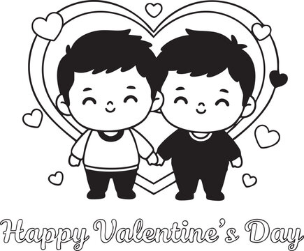 Happy Valentine&rsquo;s Day Cute Boy Couple Illustration, Love Cartoon Characters Black and White Design
