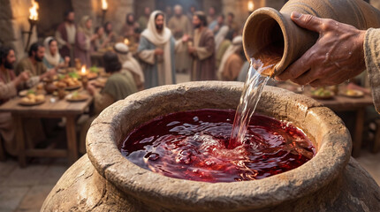 Biblical miracle at the Wedding of Cana. Close-up of water pouring from a pitcher and transforming into red wine in a stone jar, with Jesus and guests feasting in the blurred background.