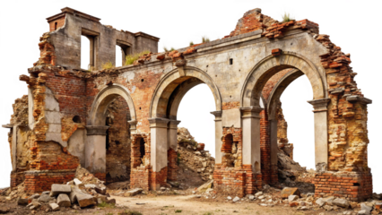 Crumbling walls and archways of a ruined building, isolated on white background.png
