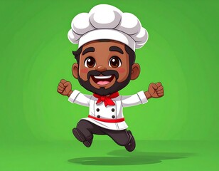 Animated depiction of a jovial chef in uniform, leaping with joyful expression, against a green gradient backdrop