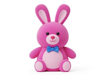 Obraz premium Charming pink stuffed rabbit figure with blue bow tie sits against a white background