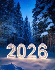 2026 3D numbers covered by snow in a forest on winter season at night with copy space