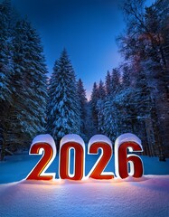 2026 3D numbers covered by snow in a forest on winter season at night with copy space