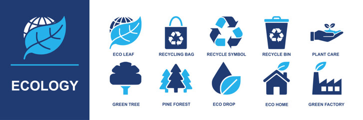 Ecology icon set. Containing eco leaf, recycling bag, recycle symbol, recycle bin, plant care, green tree, pine forest, eco drop, eco home, green factory and more. Solid vector icons
