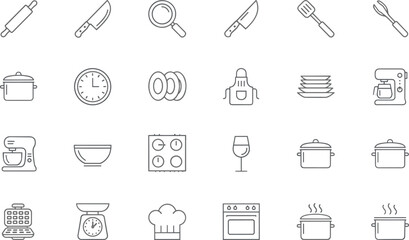 Large collection of linear vector icons featuring various kitchen tools and cooking equipment including pots, knives, mixers, oven, and chef hat for culinary design.