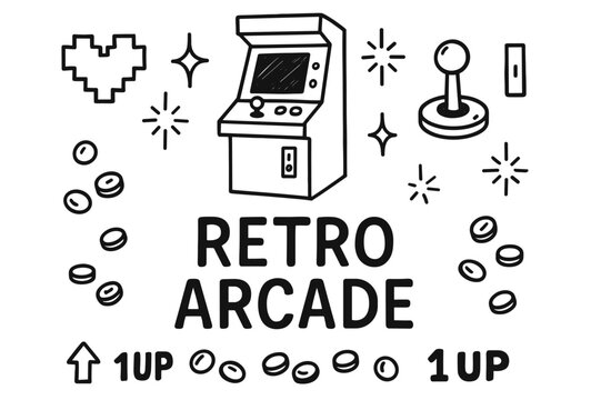 Retro arcade machine and gaming symbols in black and white