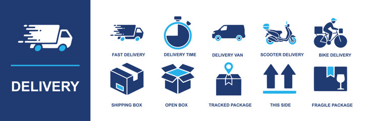 Delivery icon set. Containing fast delivery, delivery time, delivery van, scooter delivery, bike delivery, shipping box, open box, tracked package, this side, fragile package and more. Solid vector ic