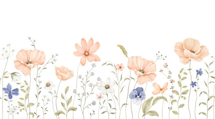 Seamless horizontal watercolor pattern with poppies coral color, cosmos flowers, wildflowers and green plants. Hand drawn floral border for frame, invitation or greeting cards, background or wallpaper