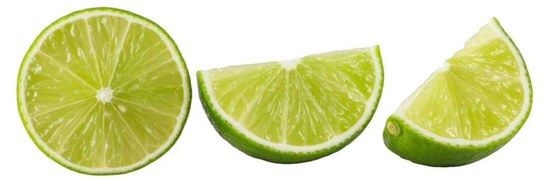 Lime slices and half on black green citrus isolated on a transparent background