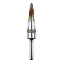 Rusty metal drill bit with pointed tip on transparent background