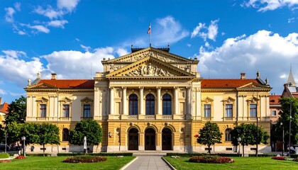 Fototapeta premium Ornate building with columns, classical details, lush green trees, and a bright, partly cloudy sky backdrop
