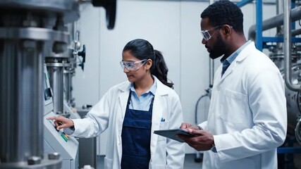 Two diverse scientists in lab coats and safety glasses working with industrial equipment in a modern laboratory. - Powered by Adobe