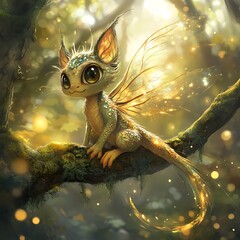 Cute little dragon with colorful sparkling wings and big eyes sitting on tree branch in magical forest.