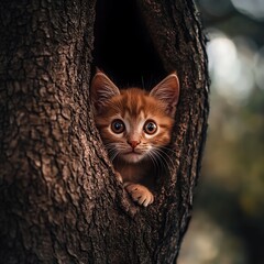 Cute orange kitten hiding in a tree trunk with wide, innocent eyes capturing a peaceful nature scene
