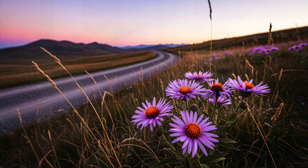 Purple flowers blooming beside a winding road at serene sunset landscape