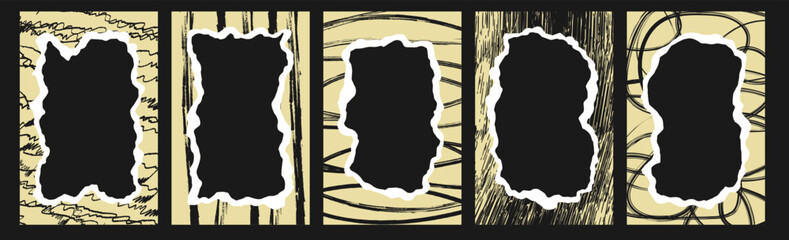 Set of cut out paper frames elements. Collage scrapbook borders with crayon drawn doodles and patterns. Black ink elements