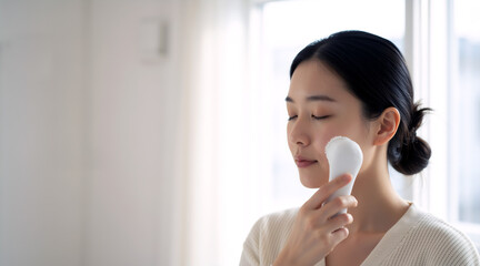 Young Asian woman using an electric facial cleansing brush on her cheek. Female with clear skin performing morning skincare routine. Beauty and hygiene concept with copy space