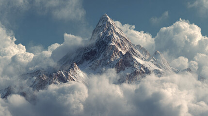 Majestic snow-capped mountain peak rising above the clouds, a symbol of resilience. The mountain's peak is covered in snow, with clouds surrounding it, creating a breathtaking landscape