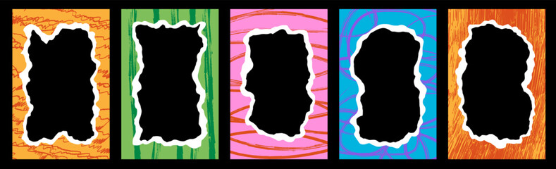 Set of abstract frames with torn paper edge and drawn scribbles. Torn color paper rectangle borders elements with ink doodle