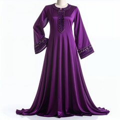 Elegant long-sleeved purple dress with decorative trim, set against a crisp white backdrop