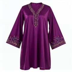 Elegant purple tunic dress with intricate embellishments isolated on white backdrop