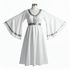 Elegant white dress with flared sleeves on a mannequin against a clean background