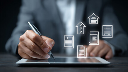 Person using stylus on tablet interacting with digital documents and checklists businessman