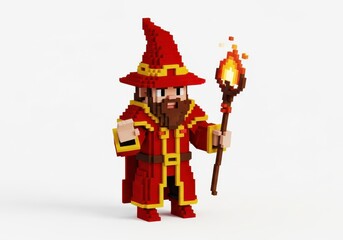 Obraz premium Blocky fantasy character wearing a wizard hat and robe holds a flaming torch staff