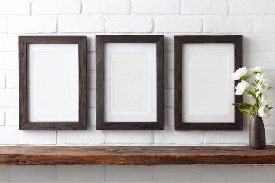Three empty dark wooden picture frames arranged on a rustic shelf against a white brick wall with white flowers in a vase