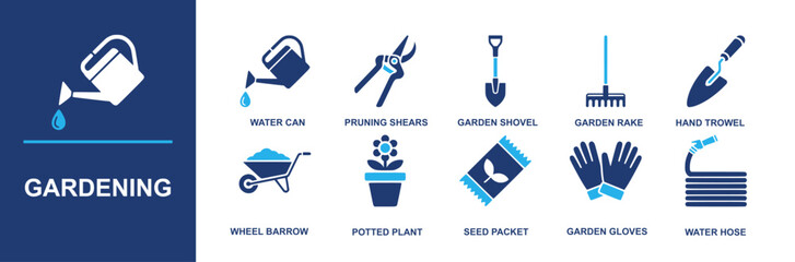 Gardening icon set. Containing water can, pruning shears, garden shovel, garden rake, hand trowel, wheel barrow, potted plant, seed packet, garden gloves, water hose and more. Solid vector icons