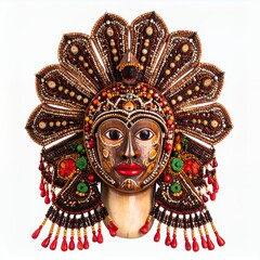 Ornate handcrafted tribal mask with intricate beadwork against a white backdrop