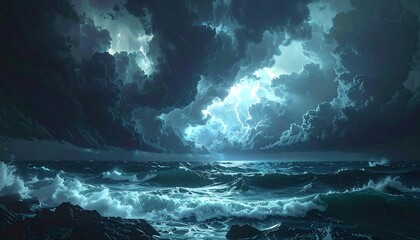 Ominous, turbulent ocean scene with dramatic lightning, rolling waves, and dark, stormy clouds