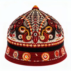 Elaborately beaded ceremonial headwear showcasing a complex pattern on white background