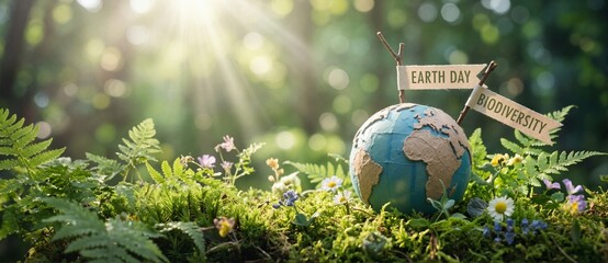 Small globe with Earth Day and biodiversity flags on green moss in a sunlit forest. Environmental conservation and nature protection concept
