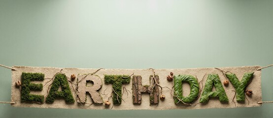 Earth Day text made from natural materials on a rustic burlap banner. Creative typography using moss, leaves, and bark. Environmental conservation concept with copy space